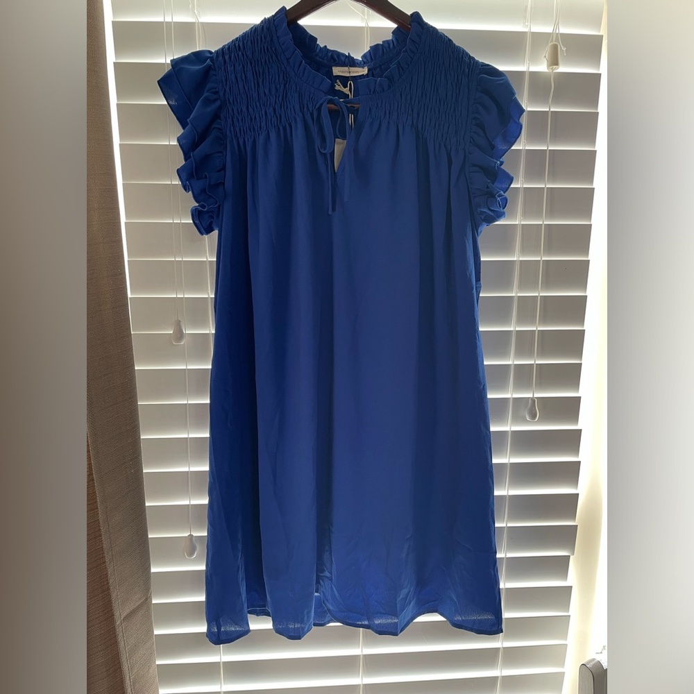 And The Why Ruffle Sleeve Smocked Detail Mini Dress Royal Blue Size 1X NWT Lined